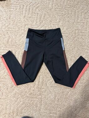 ZYIA Black Leggings with Coral and Gray Colorblock Panels